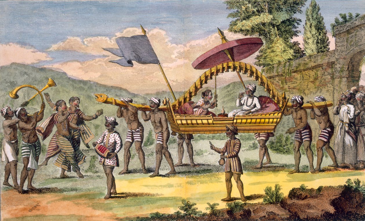 新婚夫妇被采取与palanquin的长廊与音乐家伴随，插图来自&39;Voyage aux Indes et a la Chine&39;，由泊松雕刻，1782年（彩色雕刻） 作者 皮埃尔·桑纳拉特