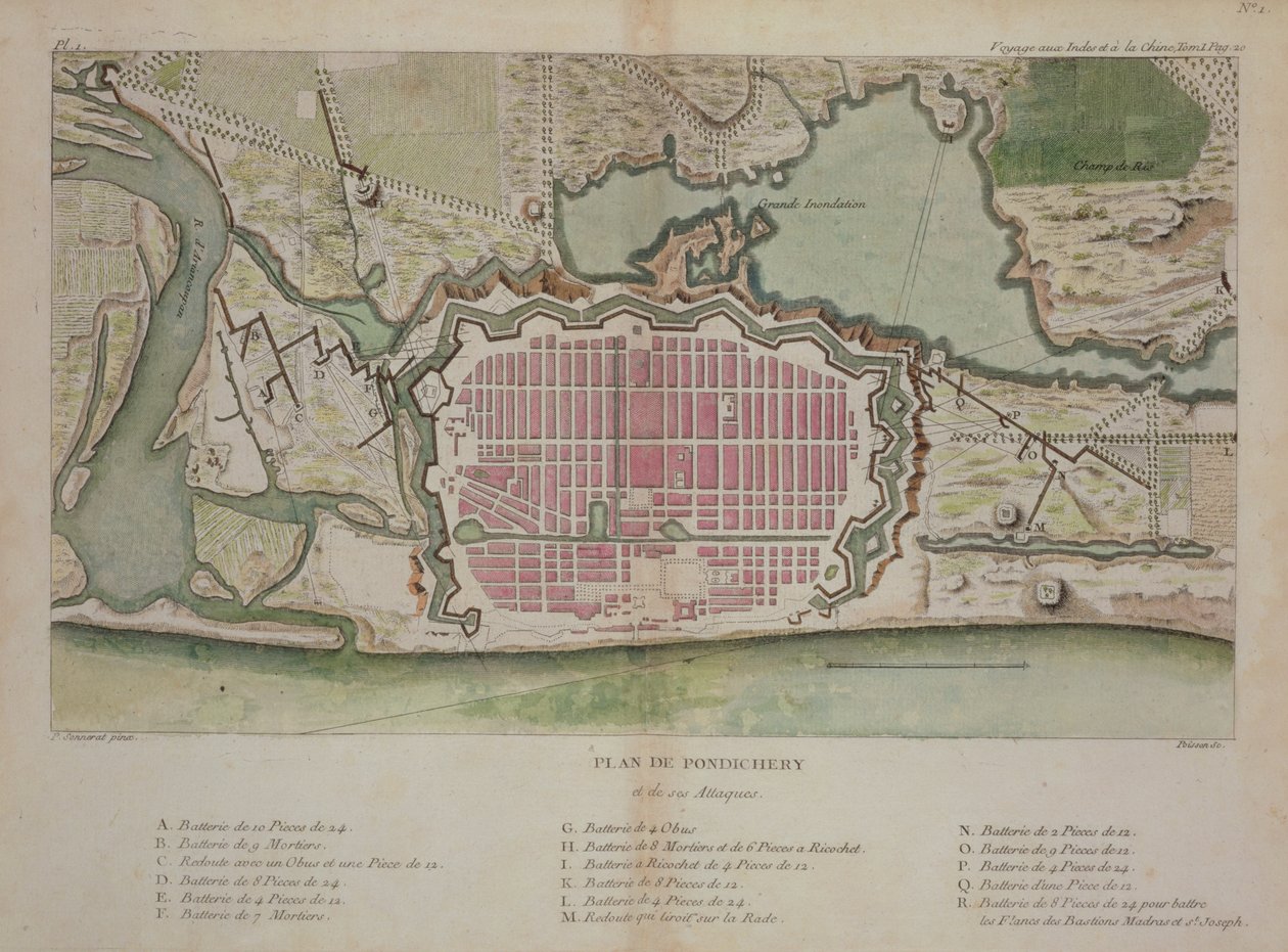 来自“印度与中国之旅”的本地治里计划，由泊松雕刻，于1782年出版（彩色雕刻） 作者 皮埃尔·桑纳拉特
