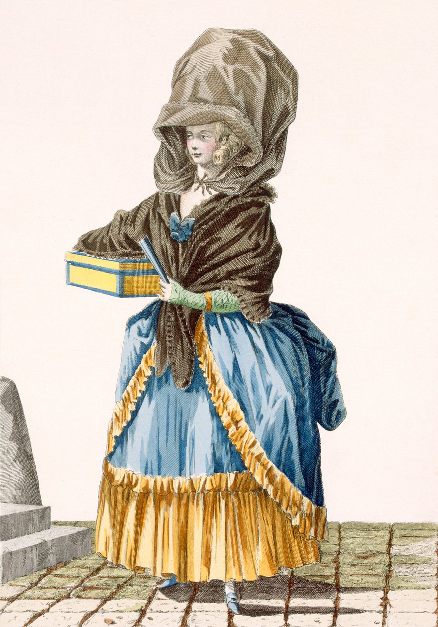 一位卖她的商品的市场小姐，由杜宾雕刻而成，来自&39;Galeries des Modes et Costumes Francais&39;的第5号板，c.1778-87 99：衣服;传统服饰;传统服饰;法式 作者 皮埃尔·托马斯·勒克莱尔