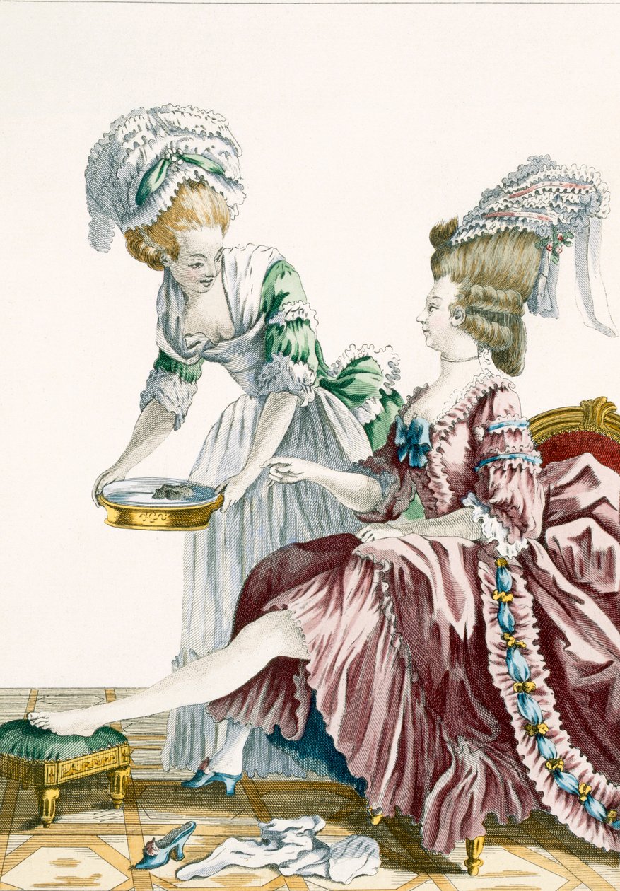 一个优雅的女人洗她的脚，从&39;Galerie des Modes et Costumes Francais&39;板32，由Dupin雕刻，1778年 作者 皮埃尔·托马斯·勒克莱尔