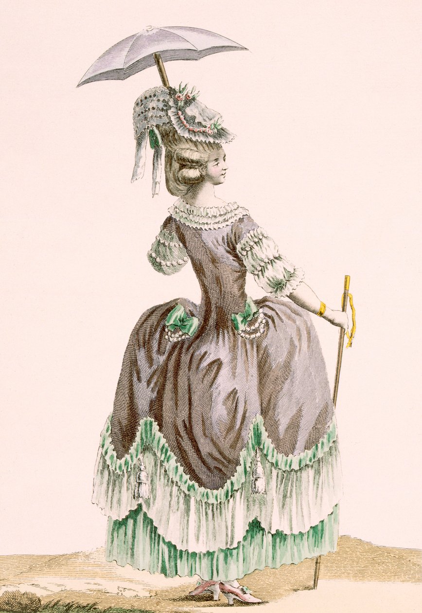 后视图女士的灰色长廊连衣裙，由Dupin雕刻而成，来自&39;Galeries des Modes et Costumes Francais&39;的第38号板，c.1778-87 作者 皮埃尔·托马斯·勒克莱尔