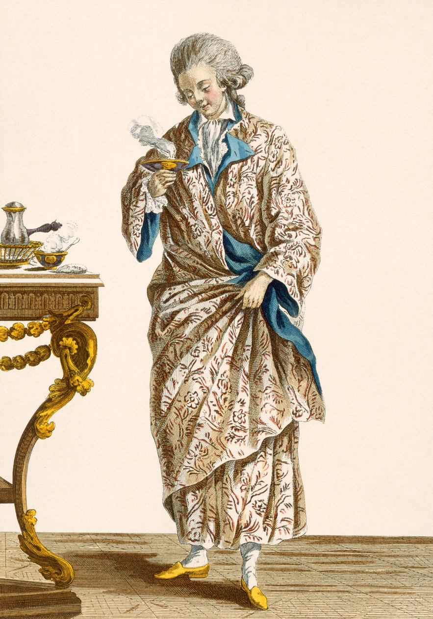 穿着印花棉质长袍，由Patas雕刻而成，来自&39;Galeries des Modes et Costumes Francais&39;的第140号板，c.1778-87 作者 皮埃尔·托马斯·勒克莱尔
