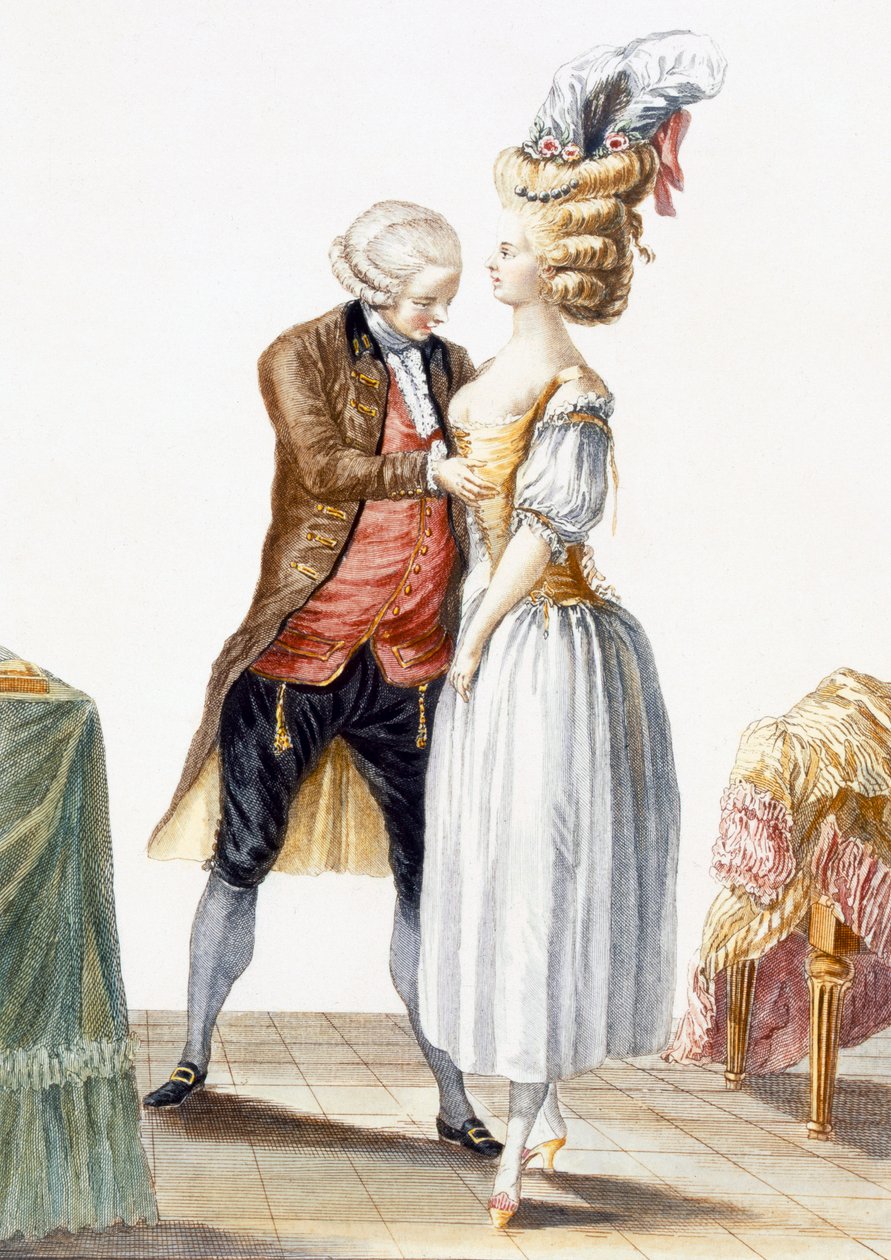 优雅女士与她的裁缝配件，来自&39;Galerie des Modes et Costumes Francais&39;的版画，由Dupin雕刻，1778年 作者 皮埃尔·托马斯·勒克莱尔