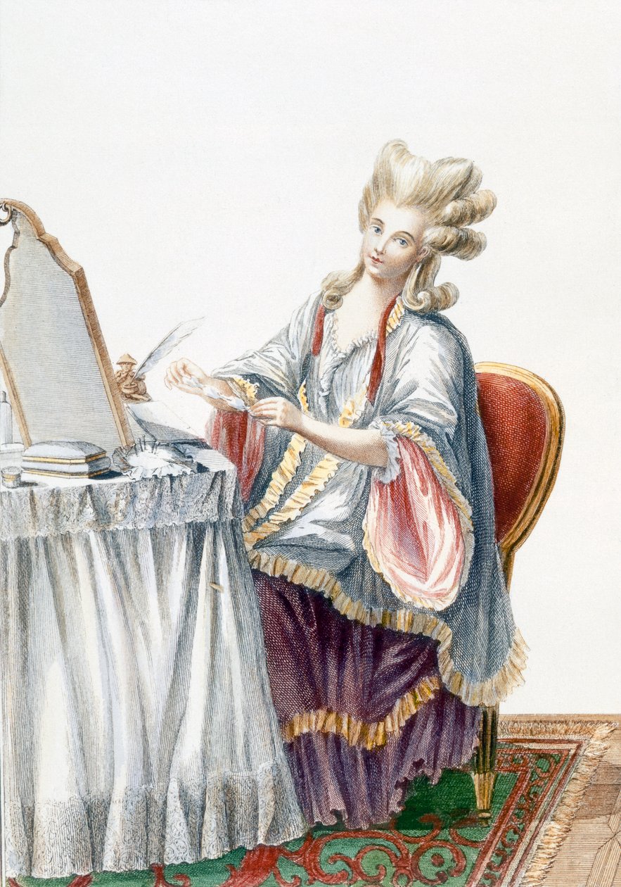 她的梳妆台上的优雅女士，来自&39;Galerie des Modes et Costumes Francais&39;的版画，由Dupin雕刻，1778年 作者 皮埃尔·托马斯·勒克莱尔