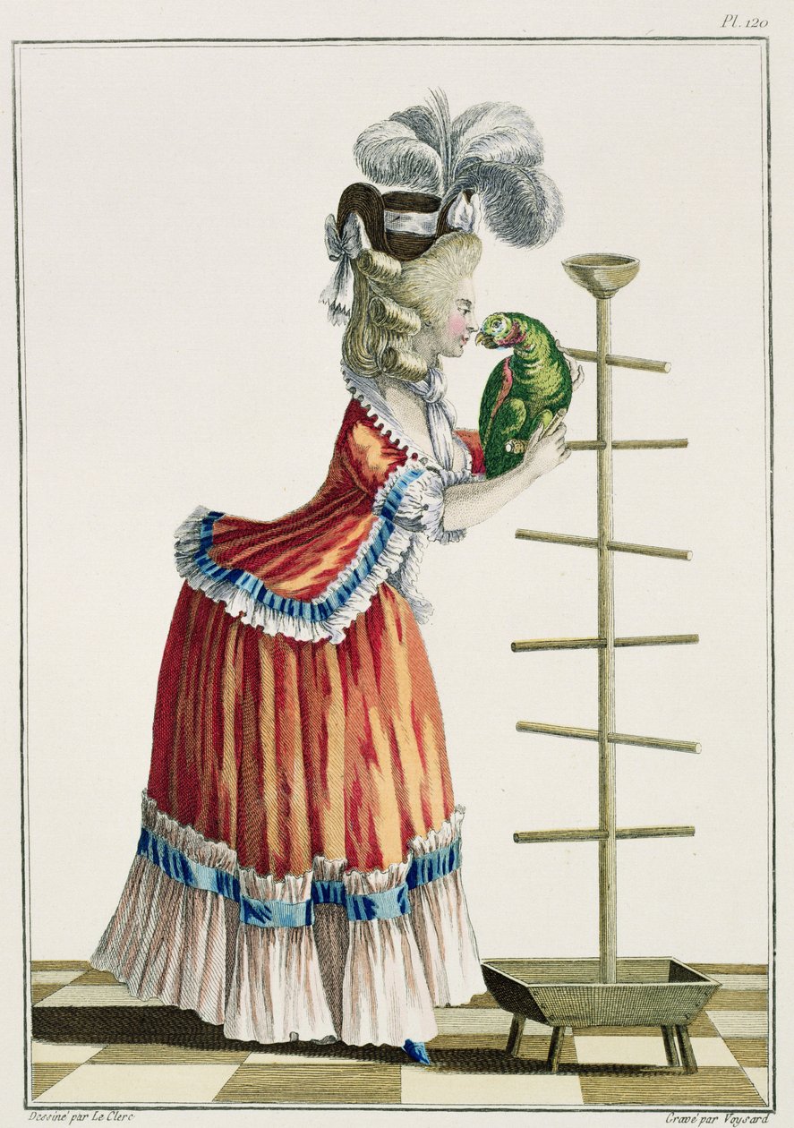 优雅女人穿着卡拉科&39;la Polonaise&39;和帽子&39;一个德文郡&39;，来自&39;Galerie des Modes et Costumes Francais&39;的120号板，由Etienne Claude Voysard（1746-1816）雕刻1778 作者 皮埃尔·托马斯·勒克莱尔