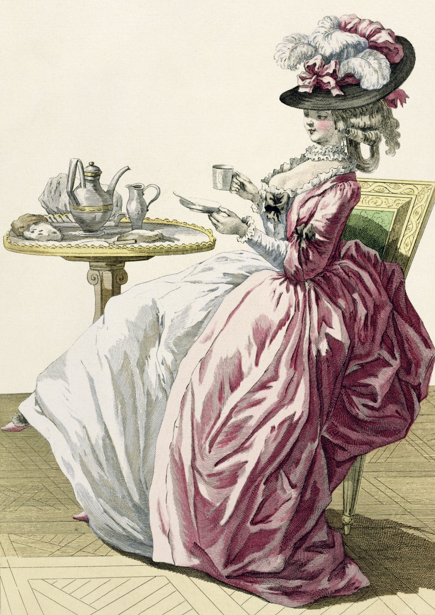 优雅的女人穿着&39;a l&39;Anglaise&39;喝咖啡，来自&39;Galerie des Modes et Costumes Francais&39;的183块，由Bacquoy雕刻，1778年 作者 皮埃尔·托马斯·勒克莱尔