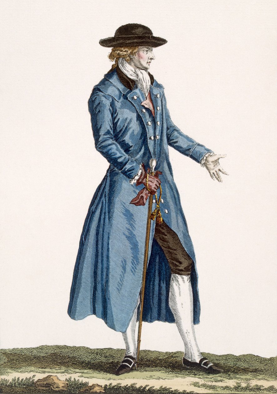 穿着蓝色外套的绅士，来自&39;Galeries des Modes et Costumes Francais&39;的板块，c.1778-87 作者 皮埃尔·托马斯·勒克莱尔