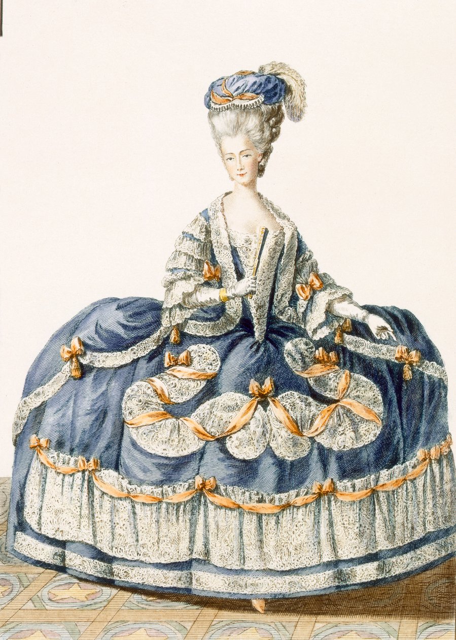 皇家宫廷的大礼服，由Le Roy雕刻，来自&39;Galeries des Modes et Costumes Francais&39;，c.1778-87 99：衣服;传统服饰;传统服饰; fashio 作者 皮埃尔·托马斯·勒克莱尔