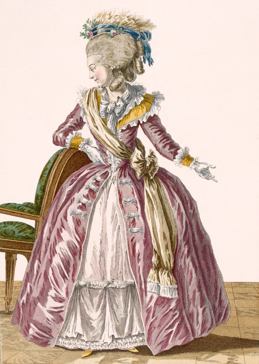 女士勃艮第礼服，白色衬裙，由Dupin雕刻，No.1666来自&39;Galeries des Modes et Costumes Francais&39;，c.1778-87 作者 皮埃尔·托马斯·勒克莱尔