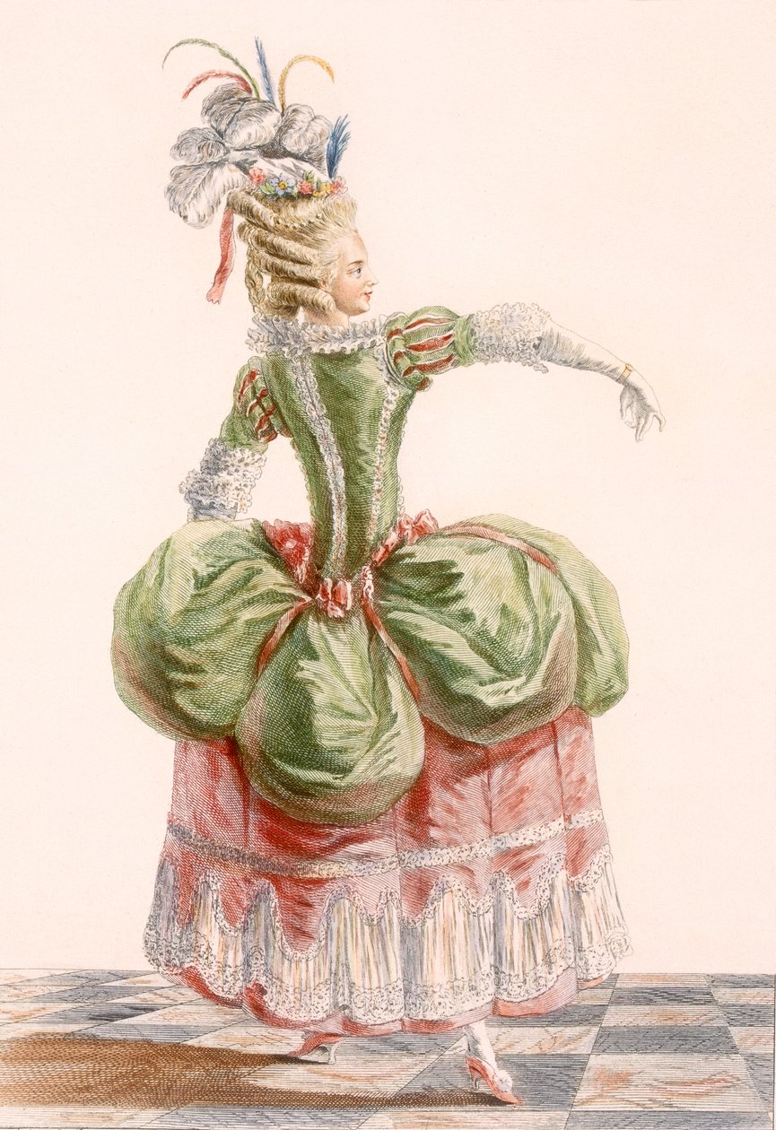 女士晚礼服，由杜宾雕刻，来自&39;Galeries des Modes et Costumes Francais&39;，c.1778-87 99：衣服;传统服饰;传统服饰;时尚;插图; 作者 皮埃尔·托马斯·勒克莱尔