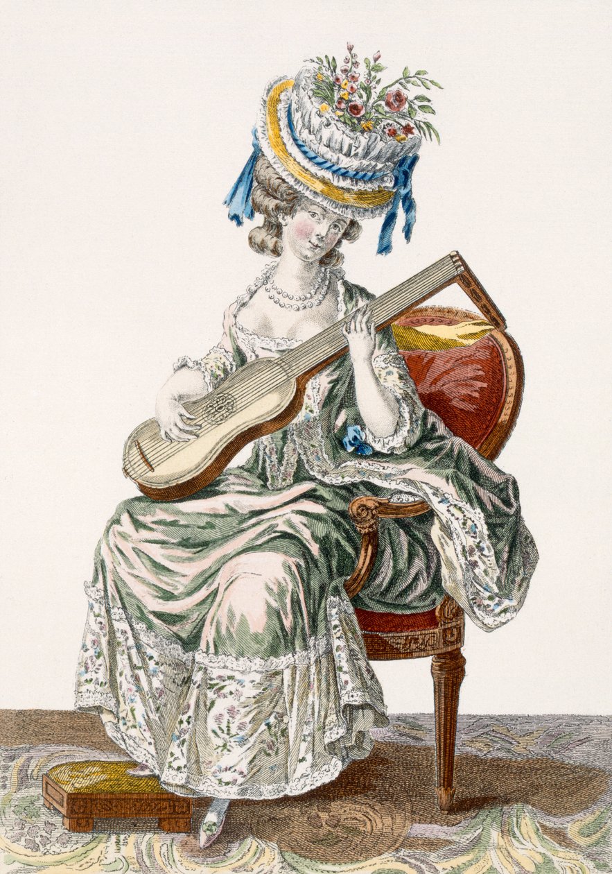 女士穿着塔夫绸连衣裙修剪蕾丝弹吉他，板材113来自&39;Galerie des Modes et Costumes Francais&39;，由Charles Emmanuel Patas雕刻（1744-1802）1778 作者 皮埃尔·托马斯·勒克莱尔