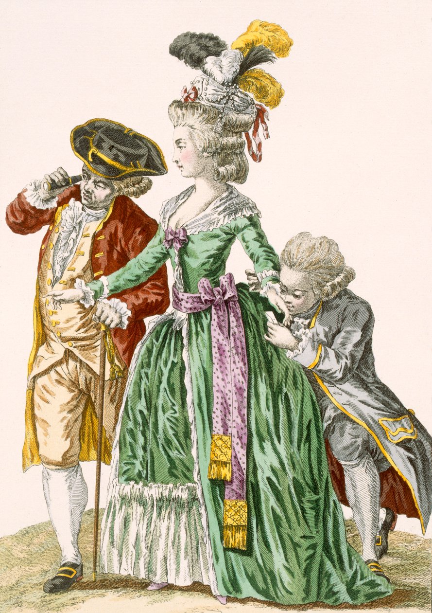法院夫人被男性仆人所包围，由Petisoier雕刻，第44号板块来自&39;Galeries des Modes et Costumes Francais&39;，c.1778-87 99：衣服;传统服饰; tradit 作者 皮埃尔·托马斯·勒克莱尔