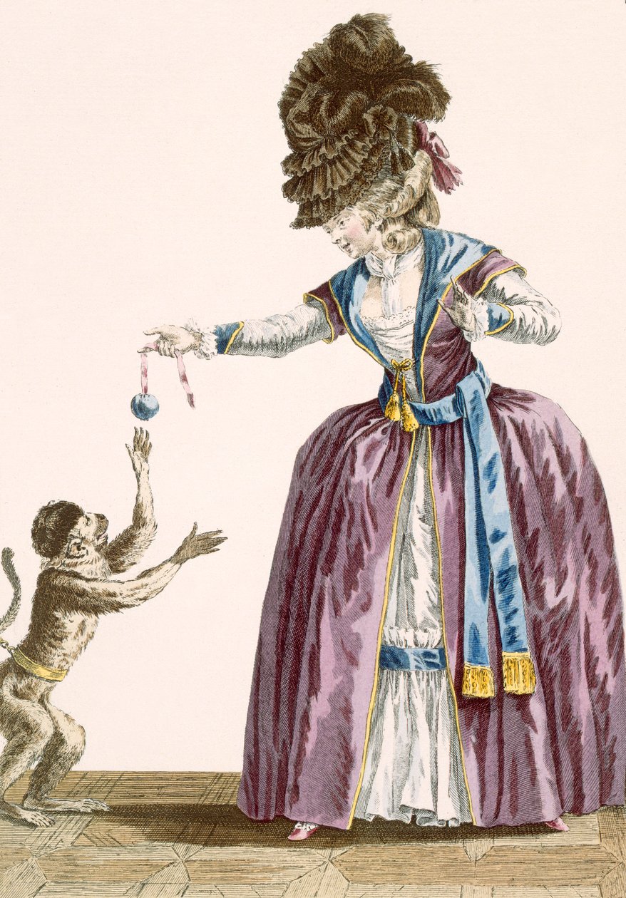 女士和一只猴子一起玩，由Patas雕刻，第19号板块来自&39;Galeries des Modes et Costumes Francais&39;，c.1778-87 99：衣服;传统服饰;传统服饰;时尚;一世 作者 皮埃尔·托马斯·勒克莱尔