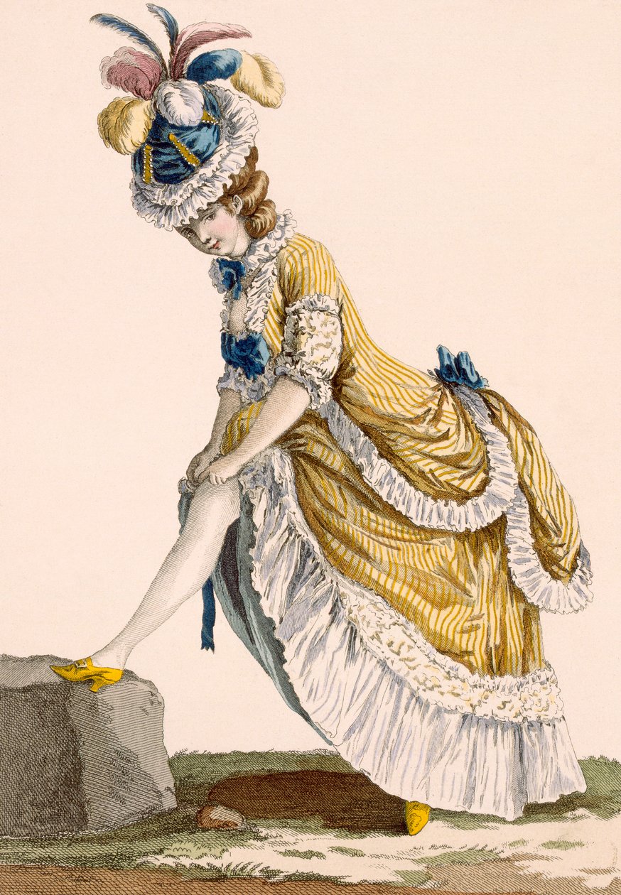 女士拉起她的袜子，由Le Beau雕刻而成，来自&39;Galeries des Modes et Costumes Francais&39;的第1号板，c.1778-87 作者 皮埃尔·托马斯·勒克莱尔