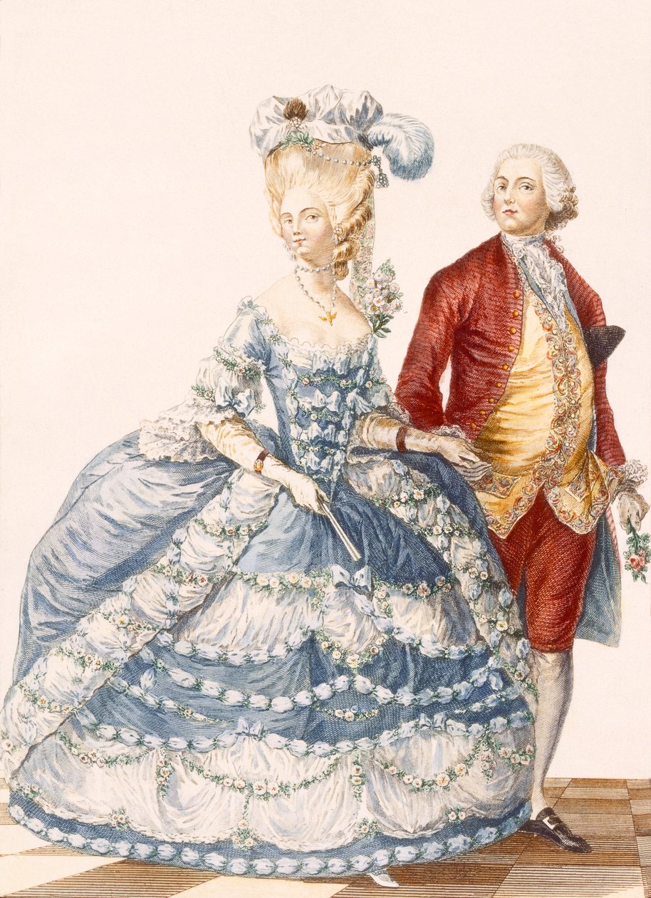 夫人与她的丈夫参加法院晚会，由杜宾雕刻，来自&39;Galeries des Modes et Costumes Francais&39;，c.1778-87 作者 皮埃尔·托马斯·勒克莱尔
