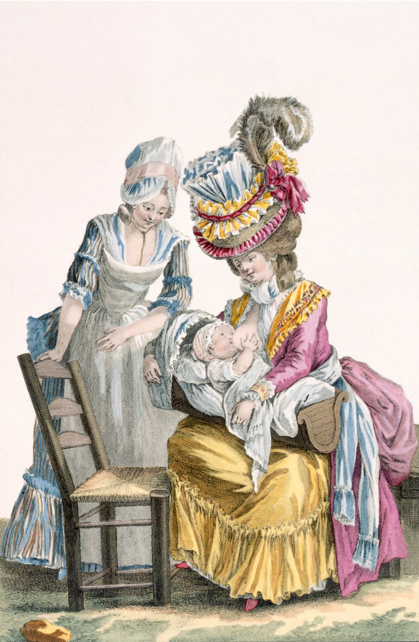 年轻女子穿着&39;a la levite&39;母乳喂养她的宝宝，来自&39;Galerie des Modes et Costumes Francais&39;的版画，由Charles Emmanuel Patas雕刻（1744-1802）1778 作者 皮埃尔·托马斯·勒克莱尔