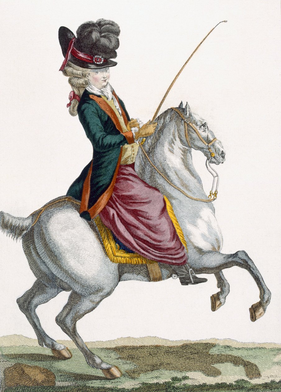 年轻的女士骑着马，由Voysard雕刻，板材来自&39;Galeries des Modes et Costumes Francais&39;，c.1778-87 作者 皮埃尔·托马斯·勒克莱尔