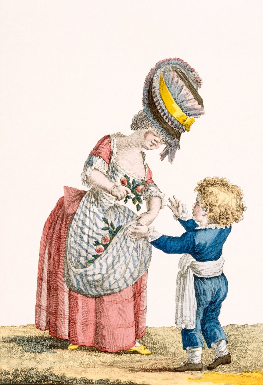 年轻的农民女孩与年轻的男孩，由杜宾刻，从&39;Galeries des Modes et Costumes Francais&39;，c.1778-87 99：衣服;传统服饰;传统服饰;时尚; 作者 皮埃尔·托马斯·勒克莱尔