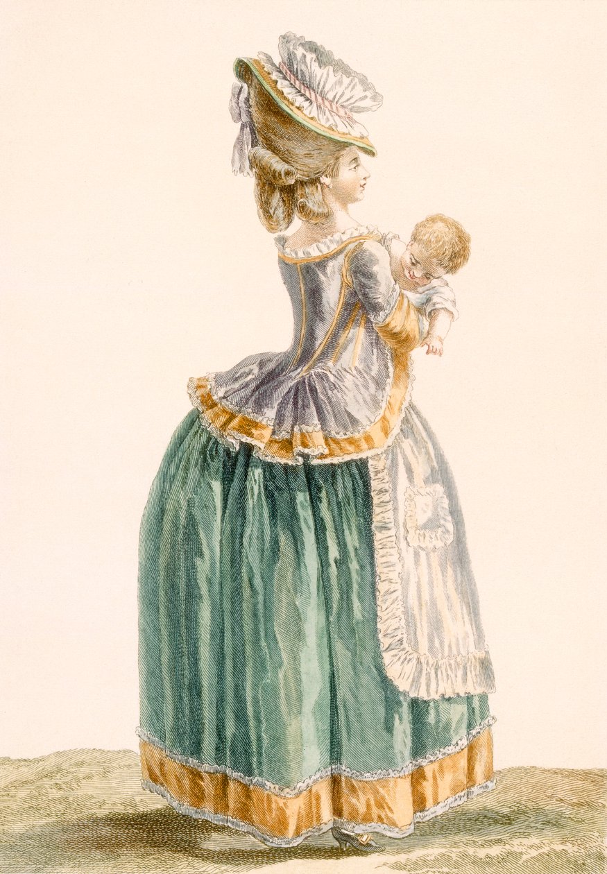 年轻的省级母亲和孩子，由帕塔斯雕刻，来自&39;Galeries des Modes et Costumes Francais&39;，c.1778-87 99：衣服;传统服饰;传统服饰;时尚; 作者 皮埃尔·托马斯·勒克莱尔
