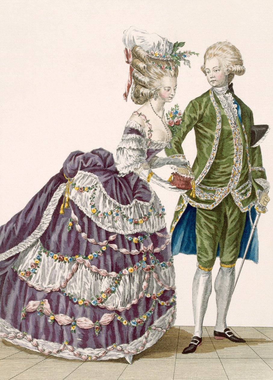 年轻女子和她的丈夫参加法院庆祝活动，来自&39;Galeries des Modes et Costumes Francais&39;的第112号板，c.1778-87 99：衣服;传统服饰;传统服饰; FAS 作者 皮埃尔·托马斯·勒克莱尔