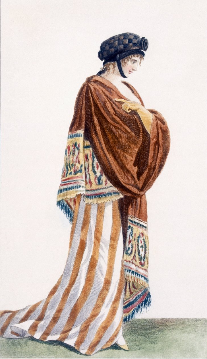 女士连衣裙，天鹅绒披肩，插图来自&39;Journal des Dames et des Modes&39;，1799 作者 皮埃尔·德拉·迈桑格