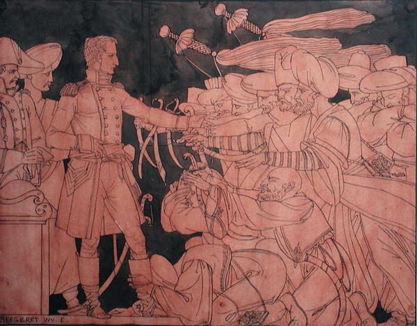 拿破仑一世（1769-1821）在埃及战役中接受埃及领导人的投降，花瓶的预备设计（纸上水粉画）。 作者 皮埃尔·诺拉斯克·贝热雷