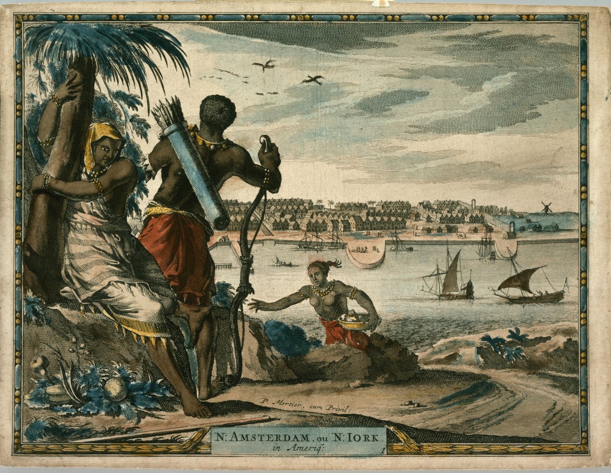 N.Amsterdam, ou N Iork in Ameriq., ca. 1700 (hand-colored engraving) 作者 皮埃尔·莫蒂埃