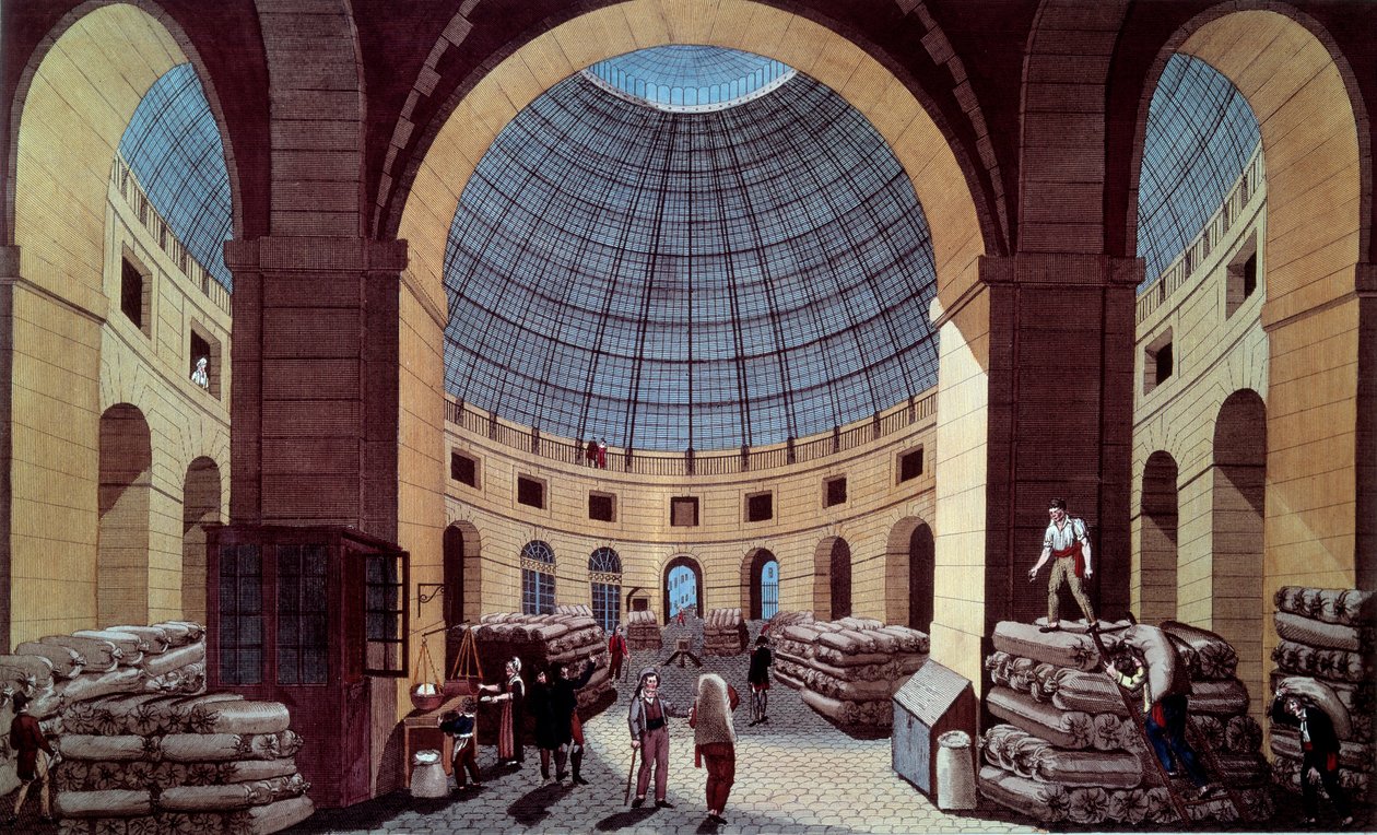 Halle au ble的景色，位于现在的巴黎Soissons酒店（贸易交易所）。Guiguet根据Pierre Courvoisier (1756-1804)的作品绘制的版画 18世纪。巴黎，B.N. 作者 皮埃尔（之后）古瓦锡耶