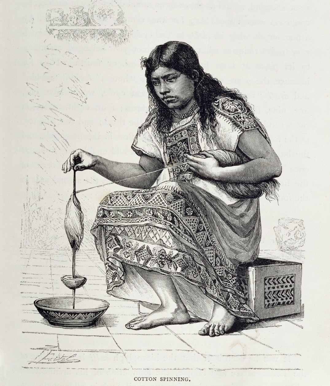 棉纺，选自 Claude-Joseph-Desire Charnay 所著《新世界的古城》，1887 年出版（雕版印刷）。1887 年（雕刻） 作者 皮埃尔（之后）弗里特尔