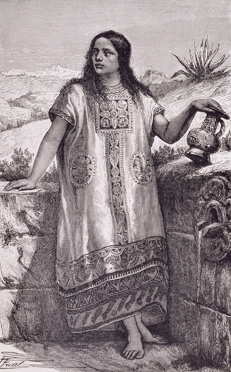 年轻的托尔特克女孩，选自 Claude-Joseph-Desire Charnay 所著《新世界的古城》，1887 年出版（版画）。1887 年（雕刻） 作者 皮埃尔（之后）弗里特尔