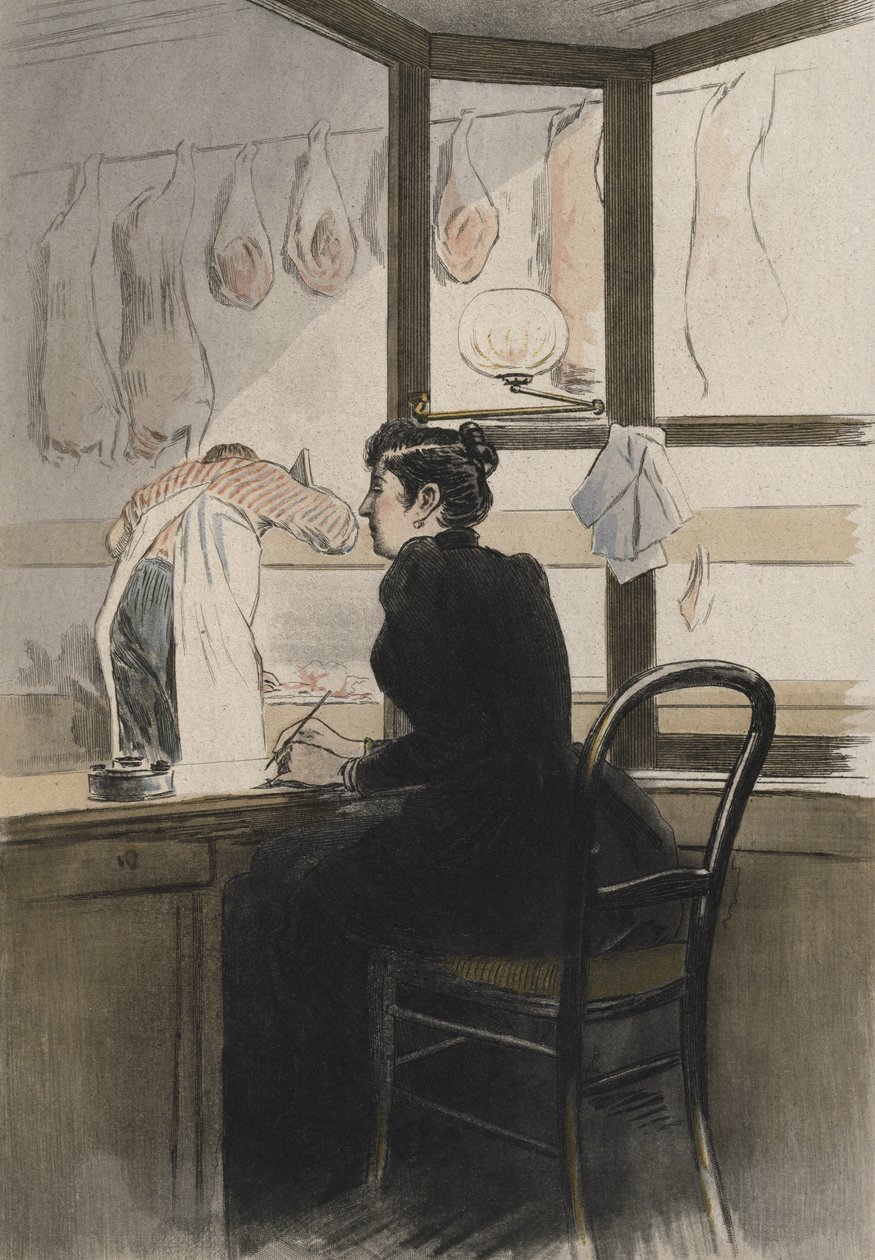 肉店的收银员，来自 Octave Uzanne（1851-1931）1894 年《La Femme a Paris》的插图（彩色雕刻） 作者 皮埃尔（后）比达尔