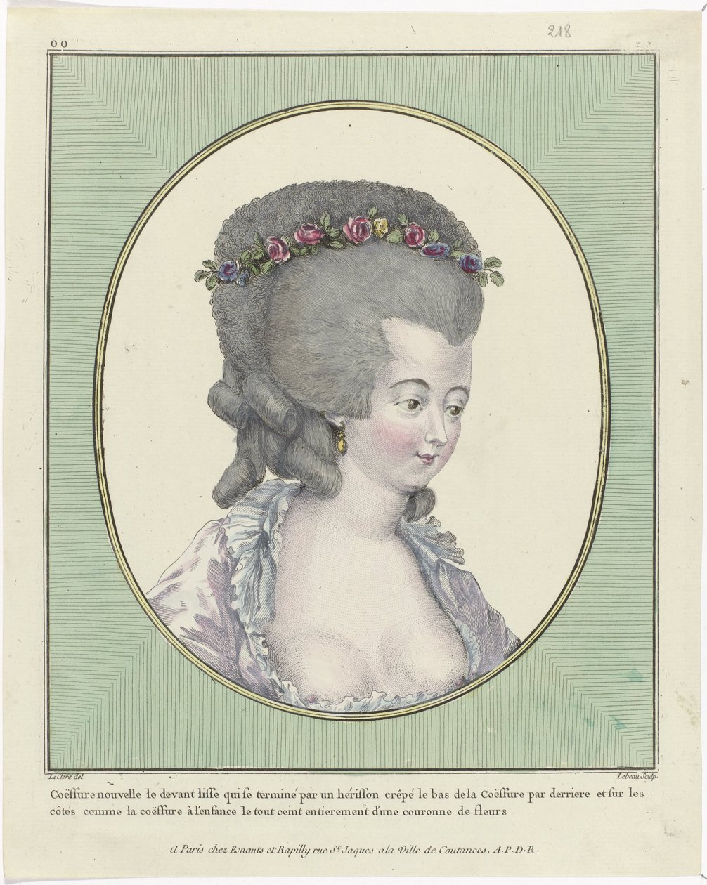 盘发、头巾、帽子和礼帽：十一种盘发和头饰
Gallerie des Modes et Costumes Français, 1781, oo 218: Coëffure nouvelle le devant (...) 作者 皮埃尔·阿德里安·勒博