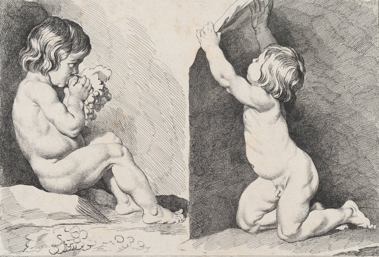 两个吃葡萄的裸体儿童，来自《儿童新书》，1720-60。 作者 皮埃尔·亚历山大·艾夫林