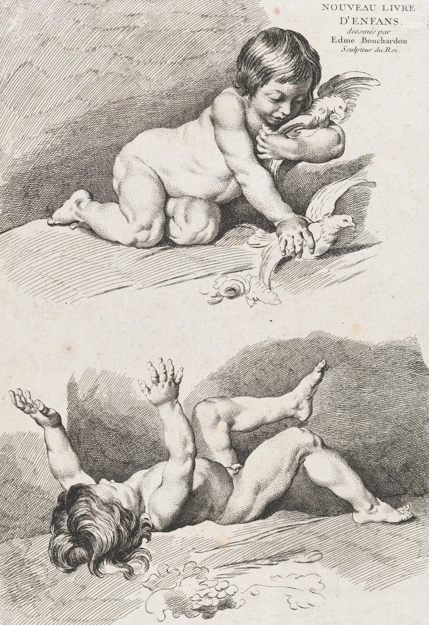 两个裸体儿童在玩一片树叶，出自《儿童新书》，1720-60。 作者 皮埃尔·亚历山大·艾夫林