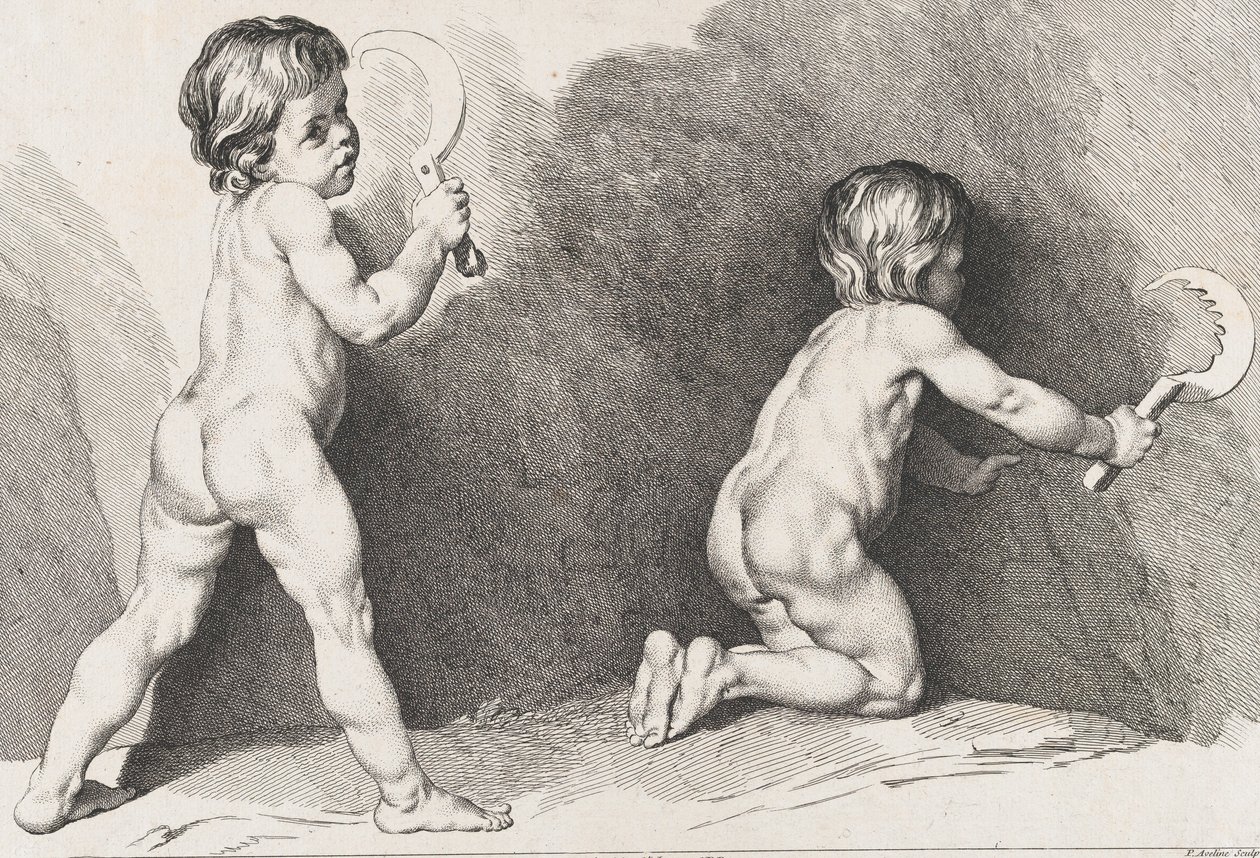 两个站立的裸体儿童，来自《儿童新书》，1720-60。 作者 皮埃尔·亚历山大·艾夫林