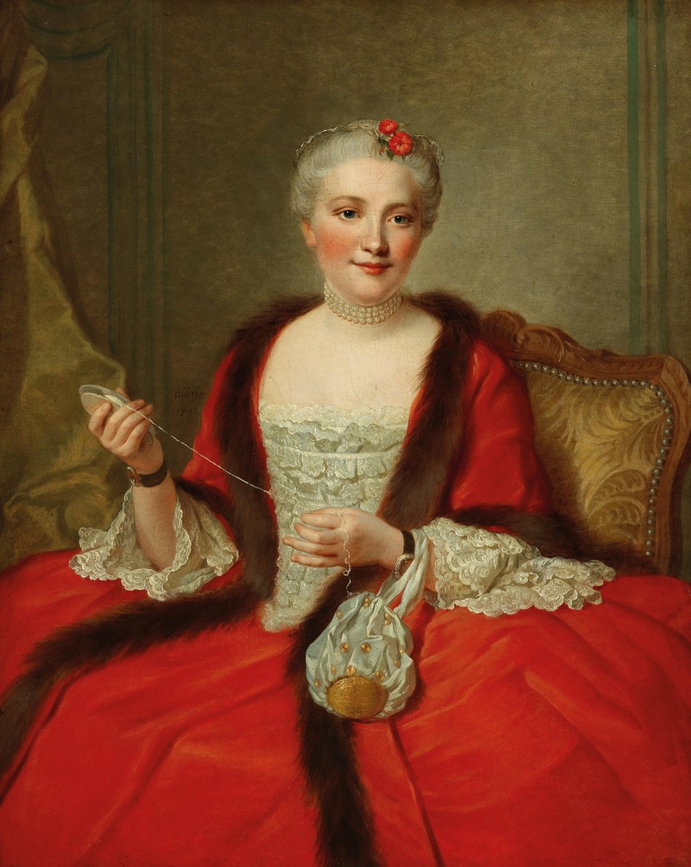 一位优雅的女士的肖像，手持织布梭子，1751年。 作者 皮埃尔·阿莱