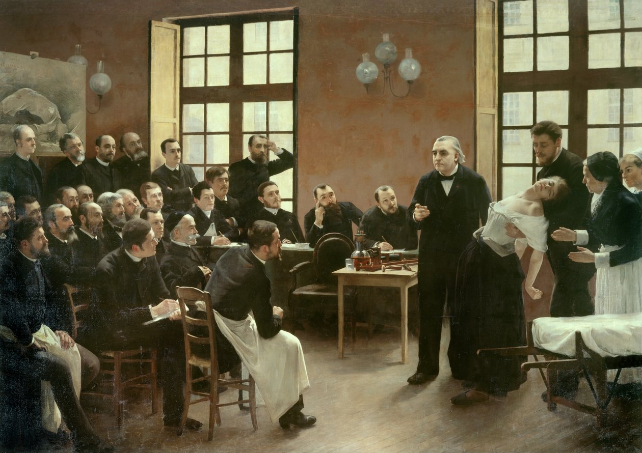 Charcot 博士于 1887 年在 Salpetriere 进行的临床讲座。 Jean Martin Charcot 教授 (1825-1893) 系的学生解释了布兰奇威特曼的案例，他的病人和豚鼠因为她对癔症的研究而偏爱她。 他是个帮手 作者 皮埃尔·安德烈·布劳耶