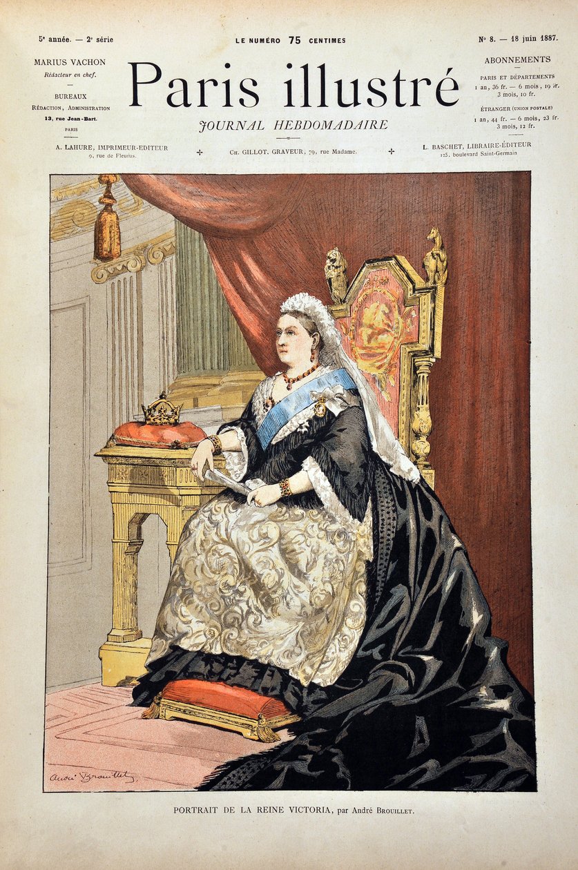 英国女王维多利亚-伊尔（1819-1901）的肖像，由安德烈-布鲁伊勒创作，1887年在 "巴黎画报周刊 "上的版画。 作者 皮埃尔·安德烈·布劳耶