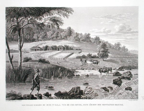 新南威尔士，新荷兰。蓝山西部的考克斯河景观，出自《世界之旅（1817-20）》，作者Louis Claude Desaulses de Freycinet（1779-1842），由Schroeder雕刻，1822-24年出版（平板）。 作者 皮埃尔·安托万（后）马尔凯斯