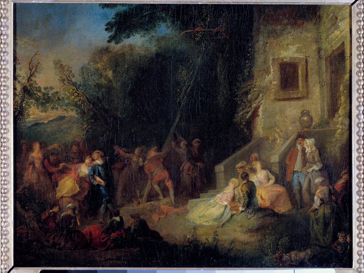 5 月种植传统节日，其中包括在 5 月种植一棵树。 绘画归因于 Pierre-Antoine Quillard（约 1701-1733）18 世纪。 太阳 0,37x0,45 m 作者 皮埃尔·安托万（饰）奎拉德
