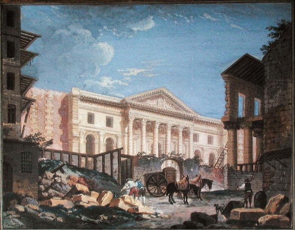 巴黎外科学院的建设，约1780-89（纸上水粉画）。 作者 皮埃尔·安托万·德马奇