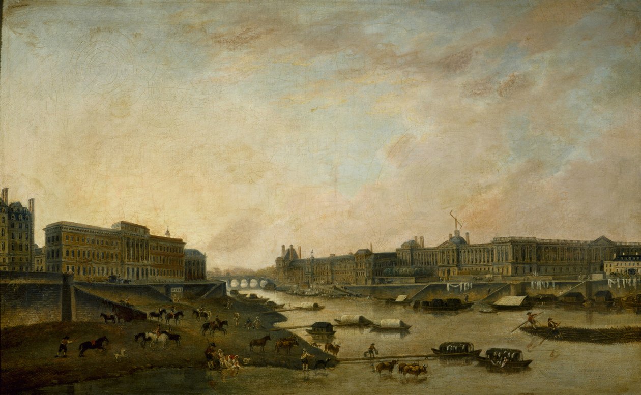 从尼夫桥（Pont-Neuf）看到的蒙娜伊酒店和卢浮宫，约1800年。 作者 皮埃尔·安托万·德马奇