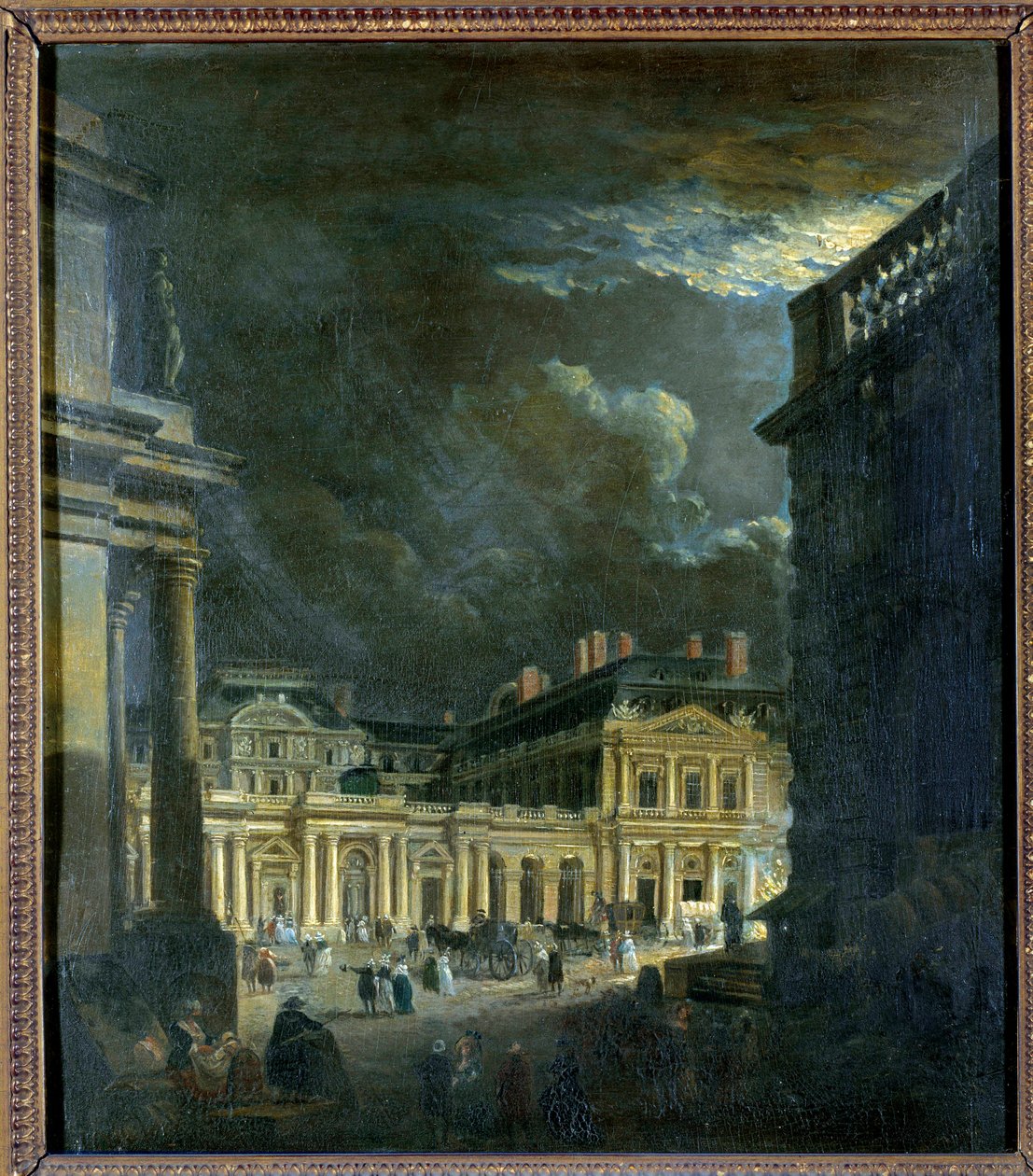 月光下的巴黎皇家宫殿广场 Pierre Demachy (1723-1807) 18 世纪太阳作画。 0,39x0,34 m 巴黎，卡纳瓦莱博物馆 作者 皮埃尔·安托万·德马奇