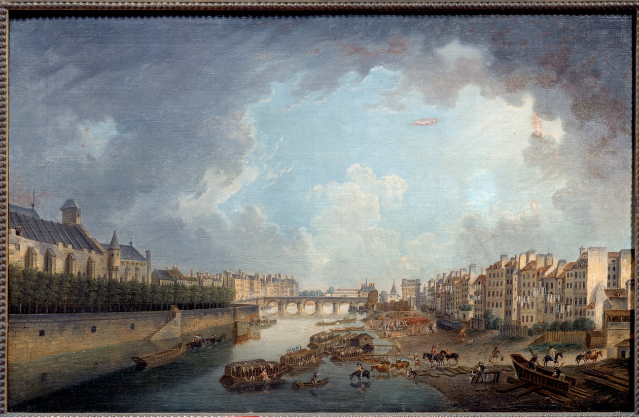 从酒店 Dieu 看到的拱门、Tournelle 桥和 Quai Saint Bernard。 巴黎全景。 皮埃尔·德马奇 (1723-1807) 的画作 作者 皮埃尔·安托万·德马奇