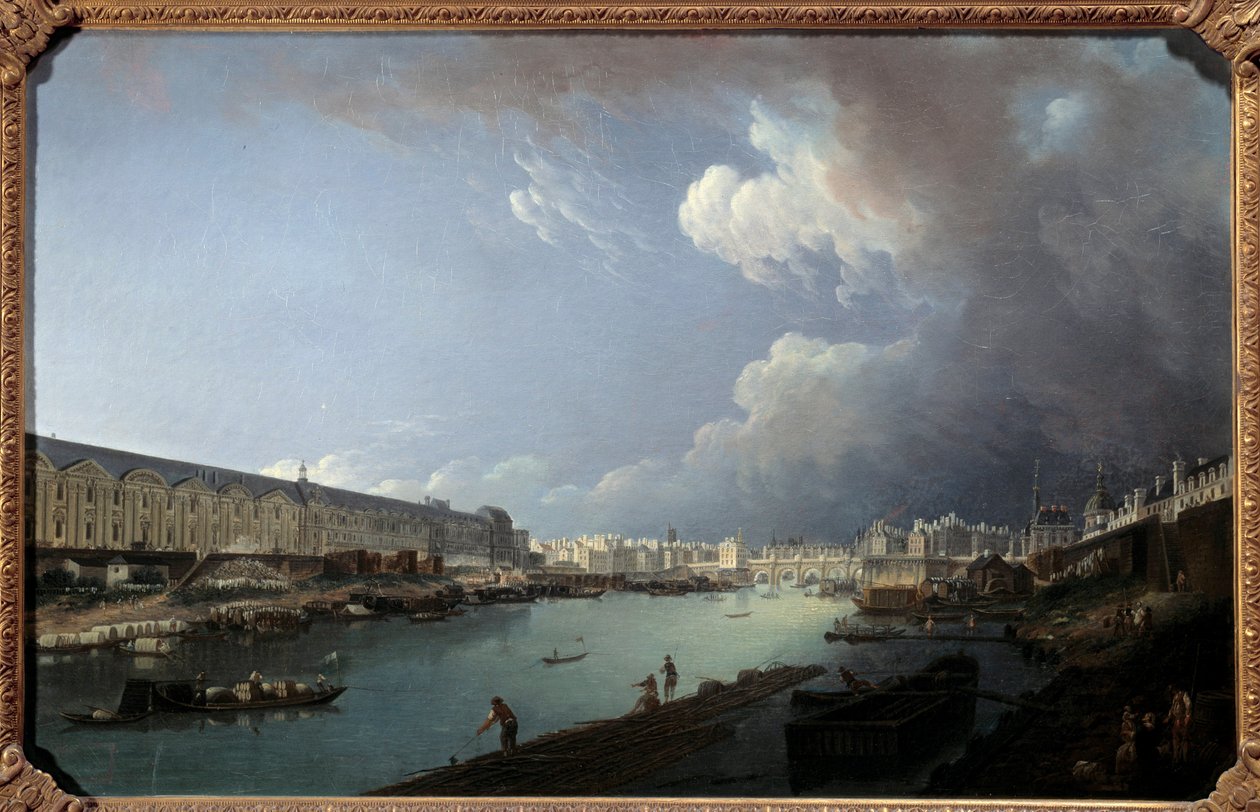 从 Pont Royal 画作 Pierre Demachy (1723-1807) 1778 年拍摄的卢浮宫和 Ile de la Cite 视图。 0,49x0,77m。 作者 皮埃尔·安托万·德马奇
