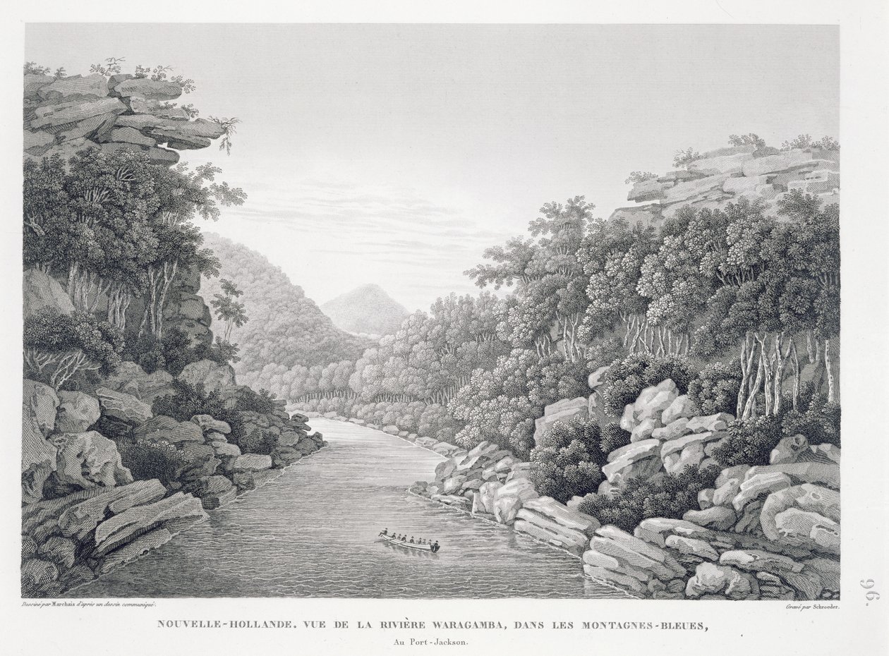 纽荷兰：蓝山中的Waragamba河景观，来自&39;Voyage Autour du Monde（1817-20）&39;，作者：Louis Claude Desaulses de Freycinet（1779-1842），由Schroeder雕刻，1822-24发表（李 作者 皮埃尔·安托万·马尔凯斯