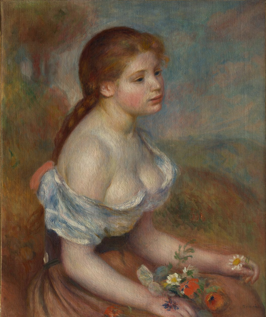 带着雏菊的年轻女孩，1889年。 作者 皮埃尔·奥古斯特·雷诺阿