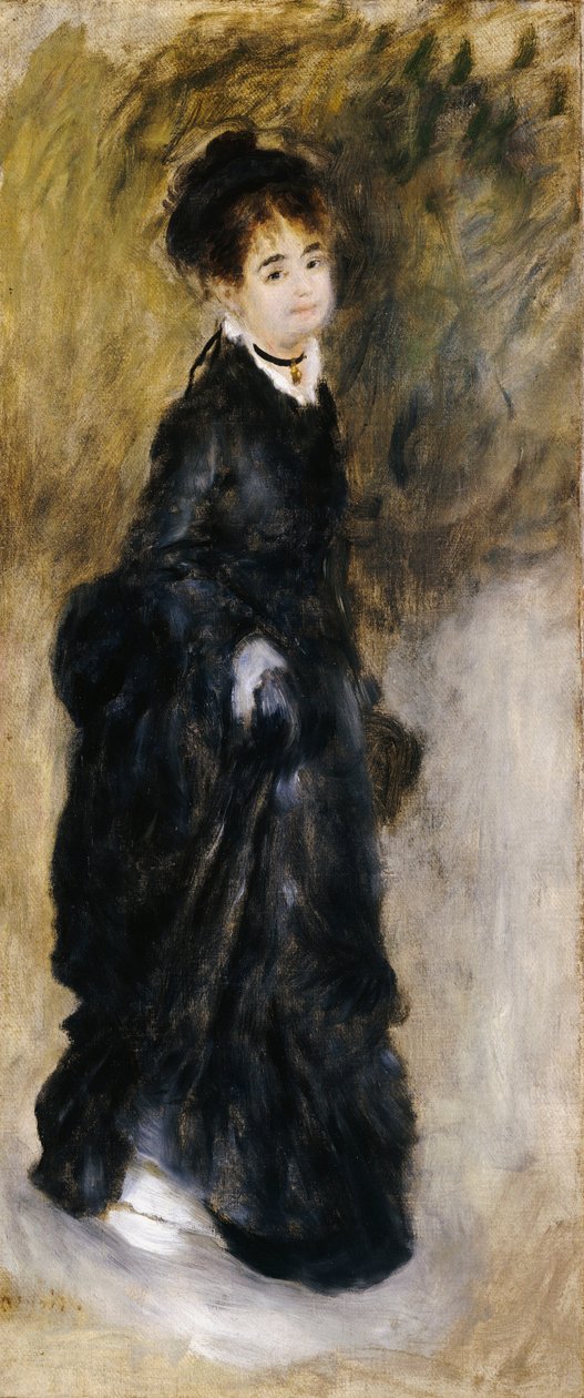 一个年轻的女子，全长，举起她的裙子，1877年 作者 皮埃尔·奥古斯特·雷诺阿