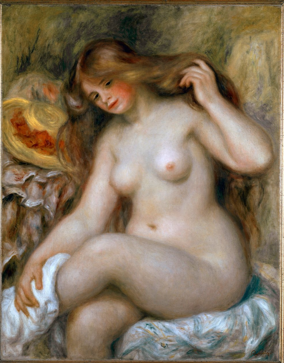 金发女郎。 头发很长的裸体女人。 皮埃尔·奥古斯特·雷诺阿 (Pierre-Auguste 作者 皮埃尔·奥古斯特·雷诺阿