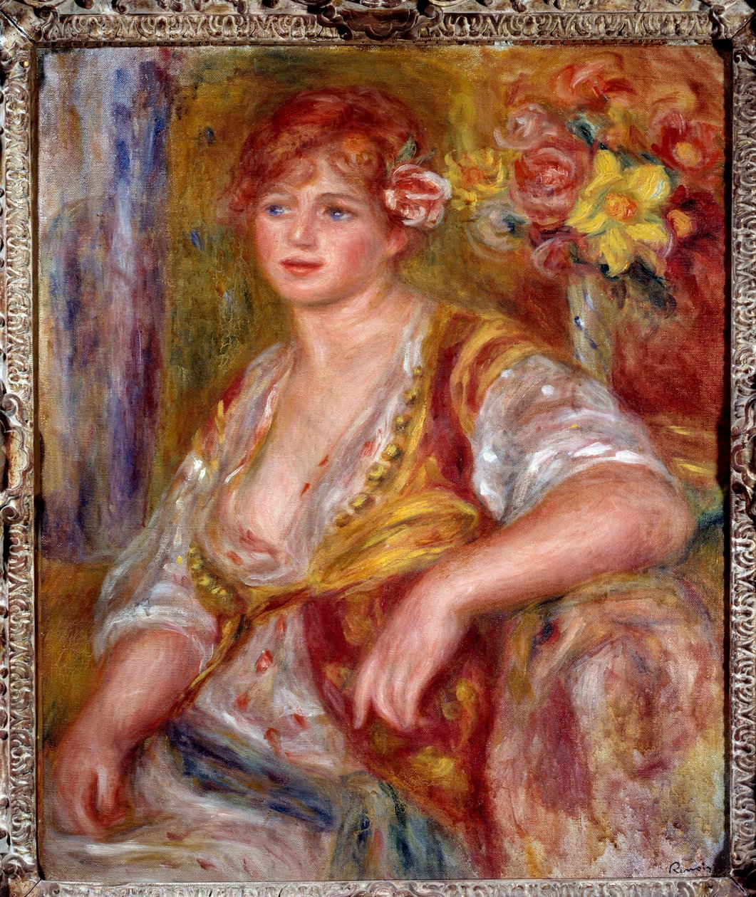 Blonde has the rose. Portrait of Andree Madeleine Heuschling (1900-1979) nicknamed “Dedee”, a comedian known as Catherine Hessling (she married Jean Renoir in 1920). Painting by Pierre Auguste Renoir (1841-1919), circa 1915. Oil on canvas. French Impressio 作者 皮埃尔·奥古斯特·雷诺阿